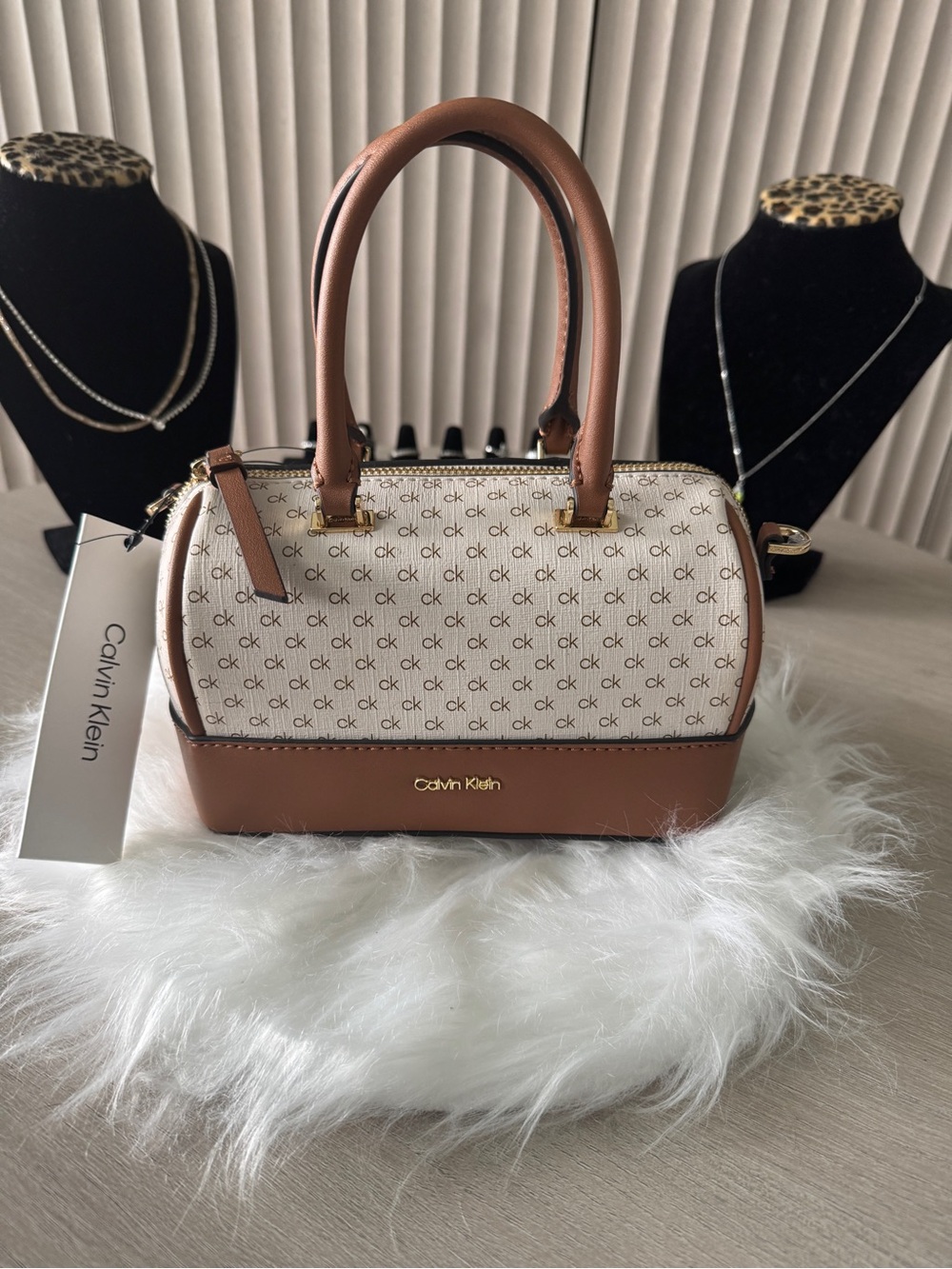 Calvin Klein Cream Monogram & Brown Leather Satchel